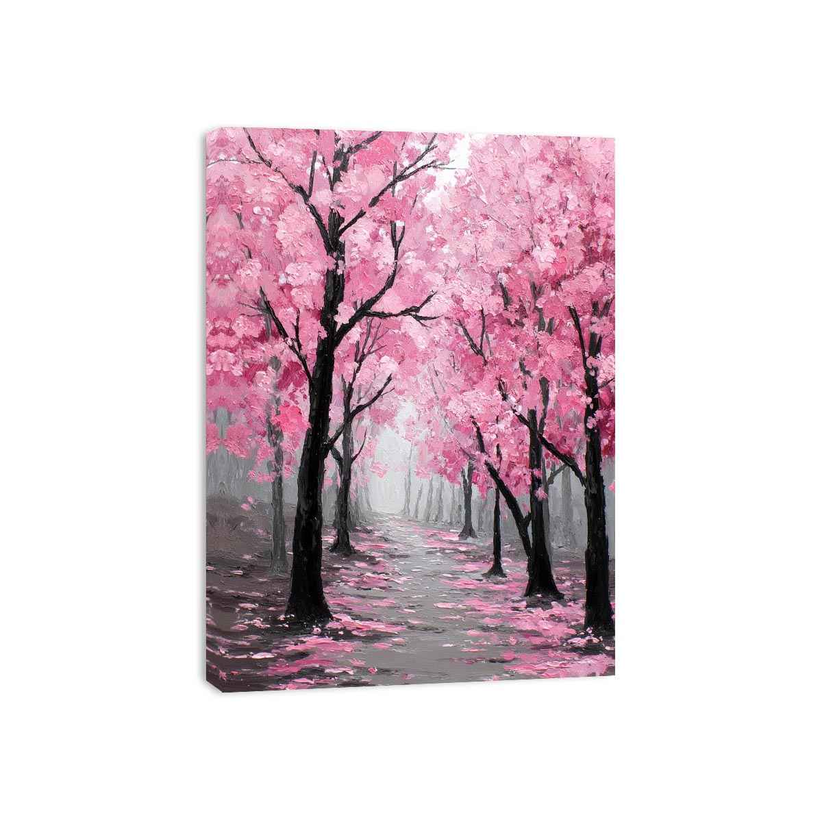 Pink blossom tree path canvas art for soft modern bedroom decor.