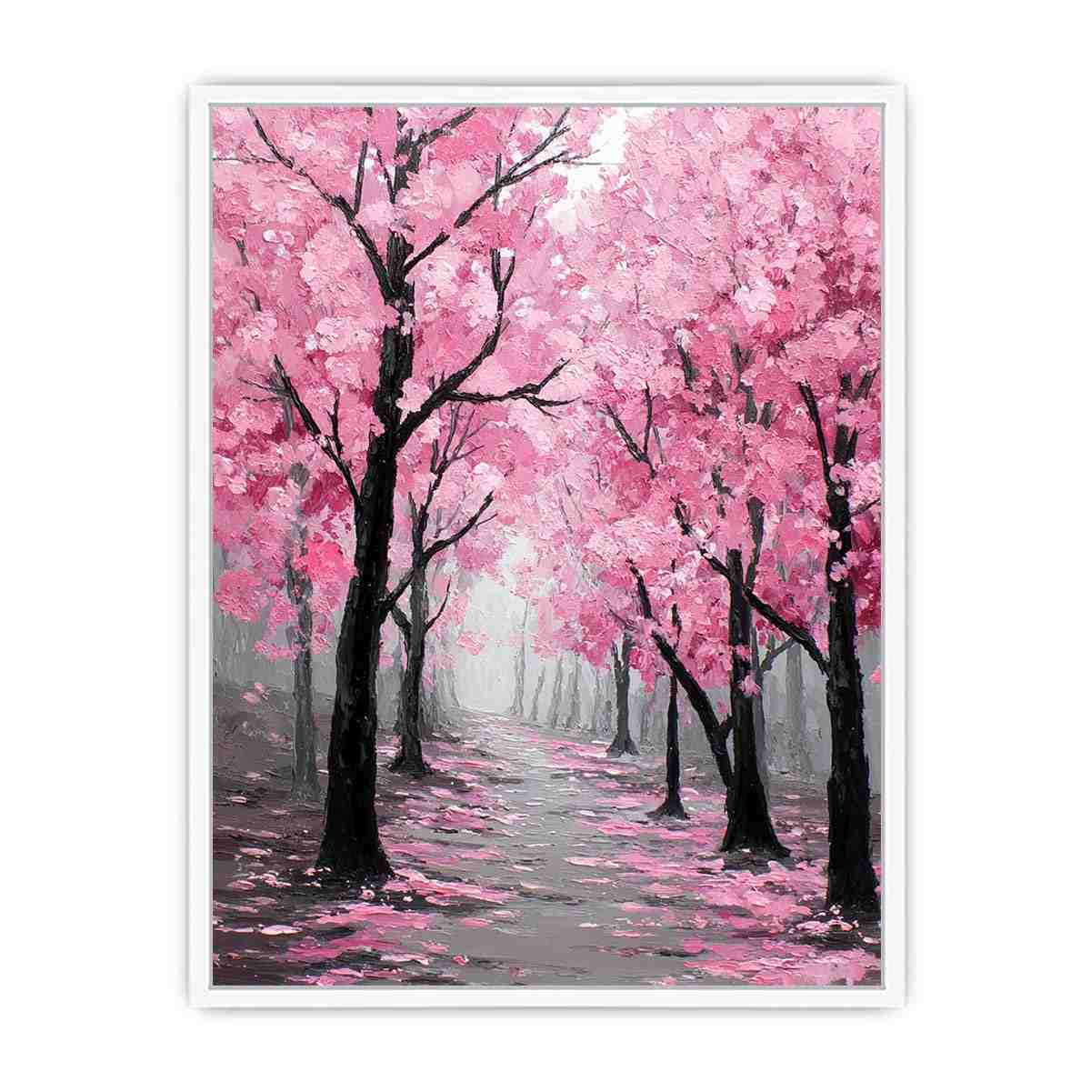 Pink blossom tree path canvas art for soft modern bedroom decor.