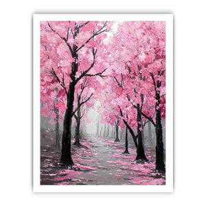 Pink blossom tree path canvas art for soft modern bedroom decor.