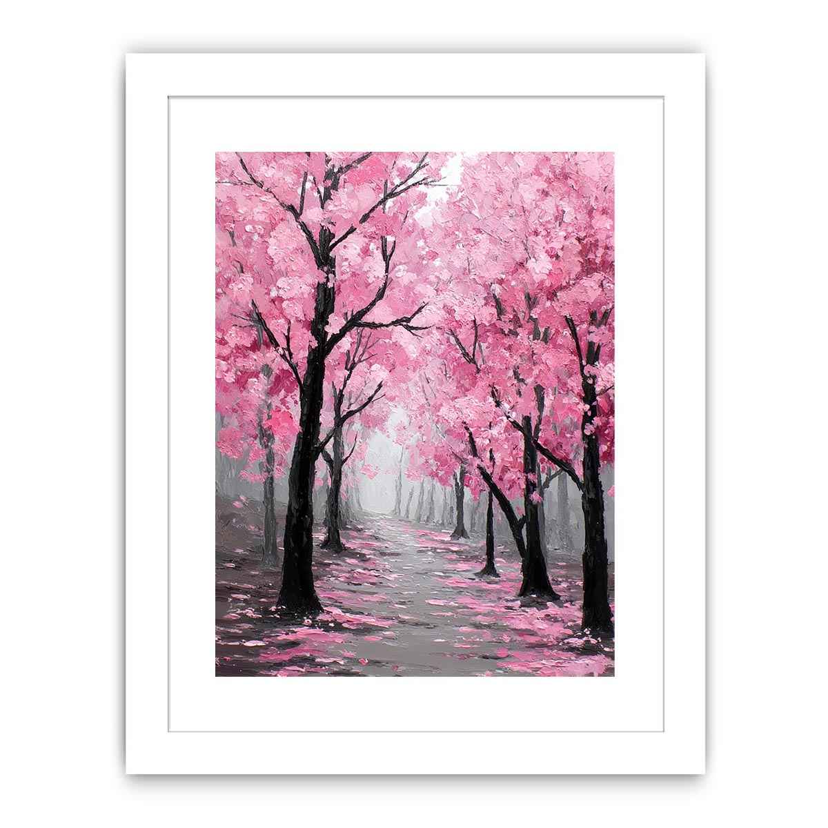 Pink blossom tree path canvas art for soft modern bedroom decor.