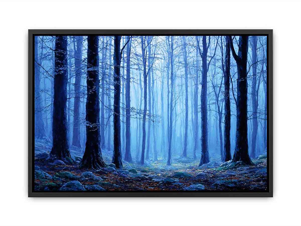 Misty blue forest canvas art for calming modern living room decor.