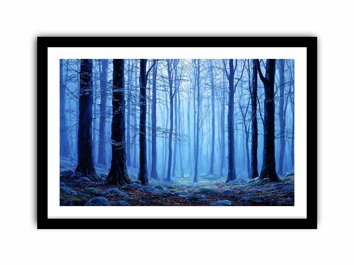 Misty blue forest canvas art for calming modern living room decor.