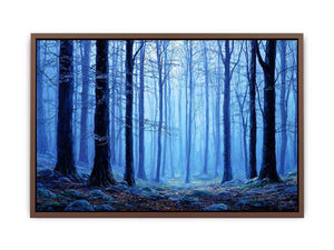 Misty blue forest canvas art for calming modern living room decor.