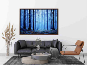 Misty blue forest canvas art for calming modern living room decor.
