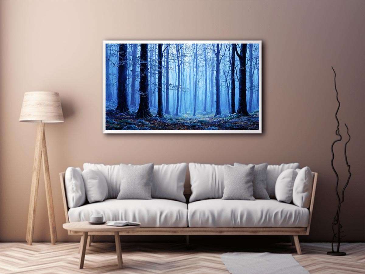 Misty blue forest canvas art for calming modern living room decor.