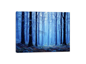 Misty blue forest canvas art for calming modern living room decor.