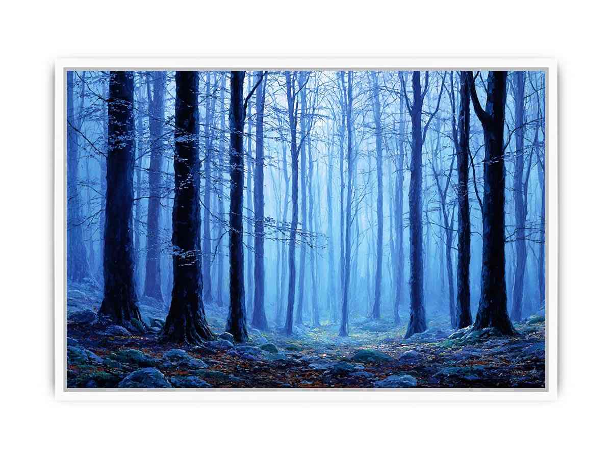 Misty blue forest canvas art for calming modern living room decor.