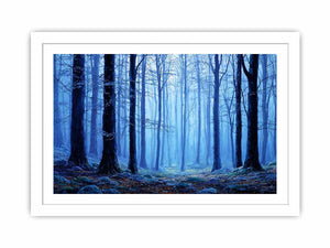 Misty blue forest canvas art for calming modern living room decor.