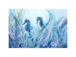 Blue seahorse and starfish canvas art for coastal nursery decor.