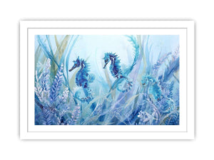 Blue seahorse and starfish canvas art for coastal nursery decor.