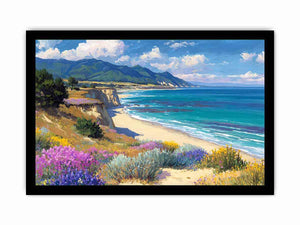 Coastal cliff and wildflower canvas art for bright living room decor.