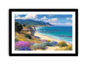Coastal cliff and wildflower canvas art for bright living room decor.
