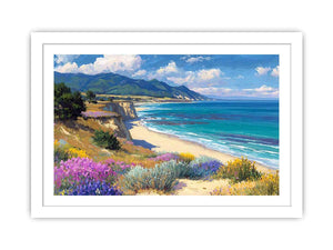 Coastal cliff and wildflower canvas art for bright living room decor.