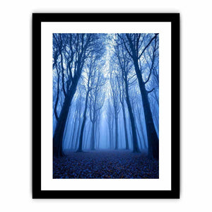 Moody blue forest trees canvas art for tall modern hallway decor.