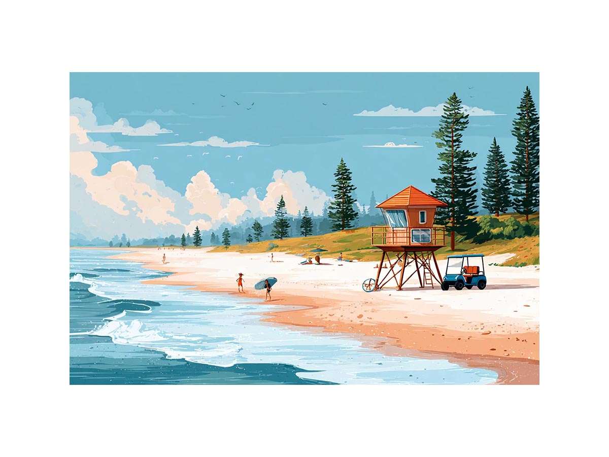 Retro lifeguard tower beach canvas art for coastal home decor.