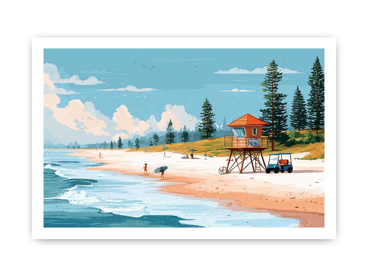 Retro lifeguard tower beach canvas art for coastal home decor.