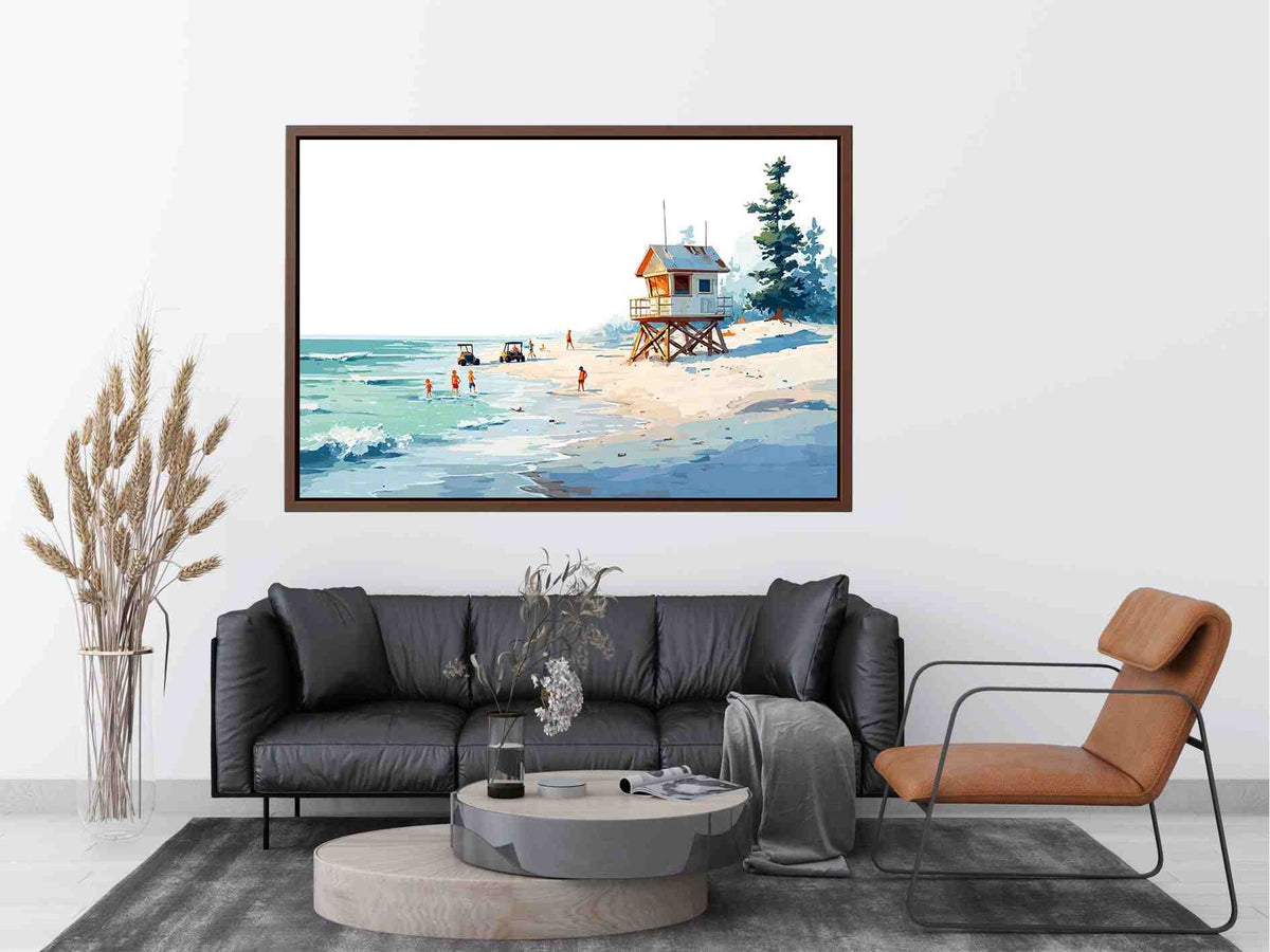 Minimal lifeguard hut beach canvas art for airy coastal bedroom decor.