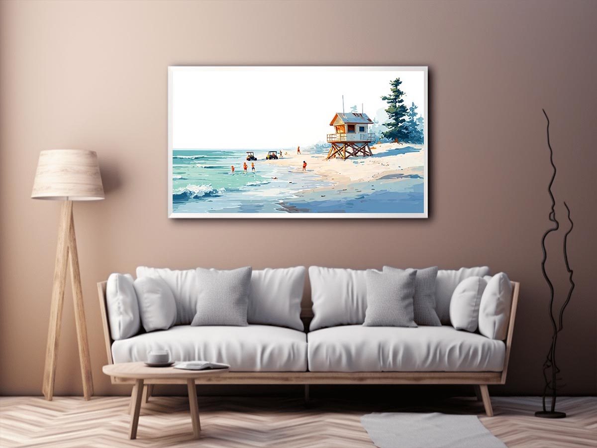 Minimal lifeguard hut beach canvas art for airy coastal bedroom decor.