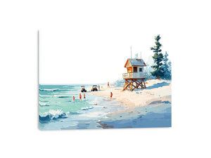 Minimal lifeguard hut beach canvas art for airy coastal bedroom decor.