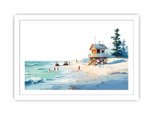 Minimal lifeguard hut beach canvas art for airy coastal bedroom decor.