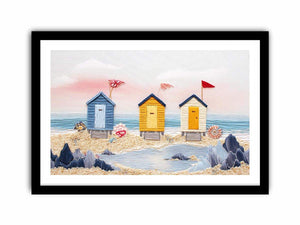 Colorful beach hut canvas art for cute coastal nursery decor.