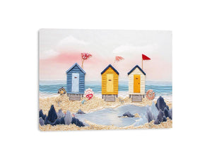Colorful beach hut canvas art for cute coastal nursery decor.