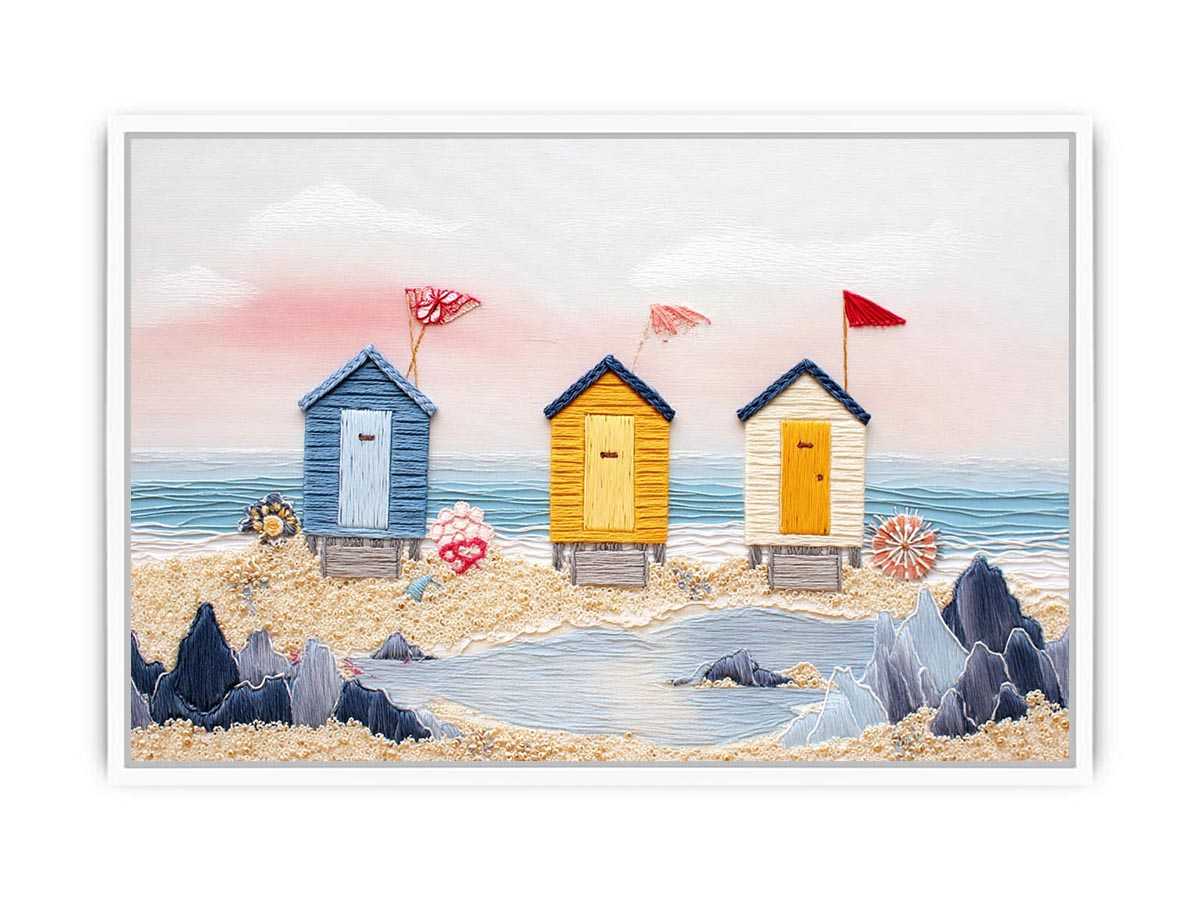 Colorful beach hut canvas art for cute coastal nursery decor.