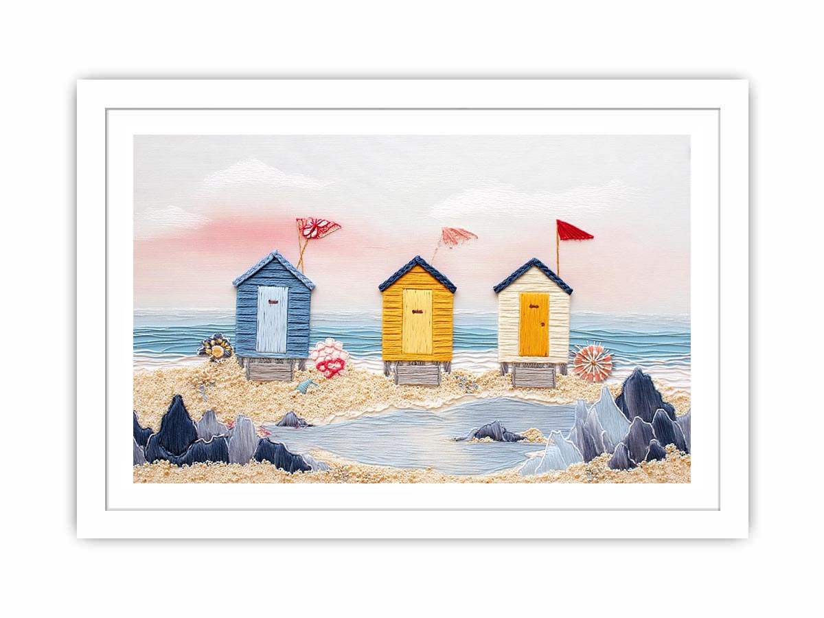 Colorful beach hut canvas art for cute coastal nursery decor.