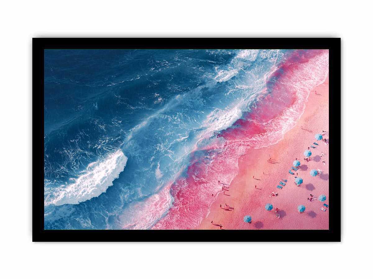 Aerial pink beach and blue ocean canvas art for modern coastal decor.