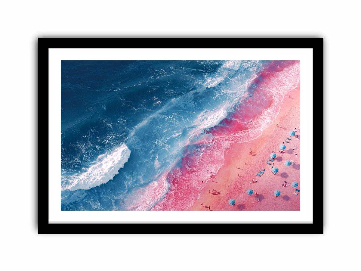 Aerial pink beach and blue ocean canvas art for modern coastal decor.