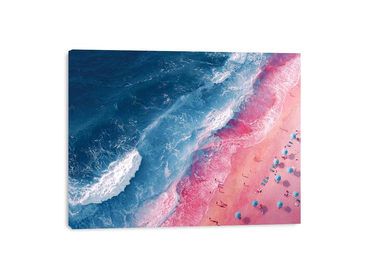 Aerial pink beach and blue ocean canvas art for modern coastal decor.