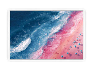Aerial pink beach and blue ocean canvas art for modern coastal decor.