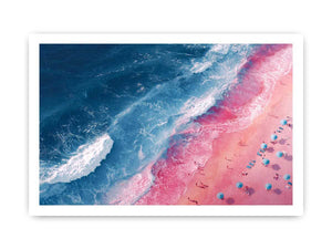Aerial pink beach and blue ocean canvas art for modern coastal decor.
