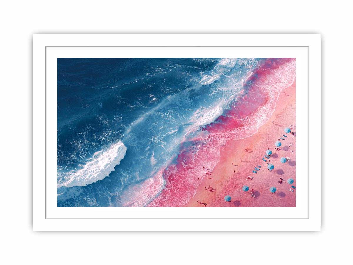 Aerial pink beach and blue ocean canvas art for modern coastal decor.