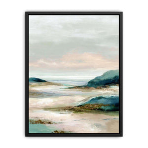 Soft abstract coastal landscape canvas art for serene bedroom decor.