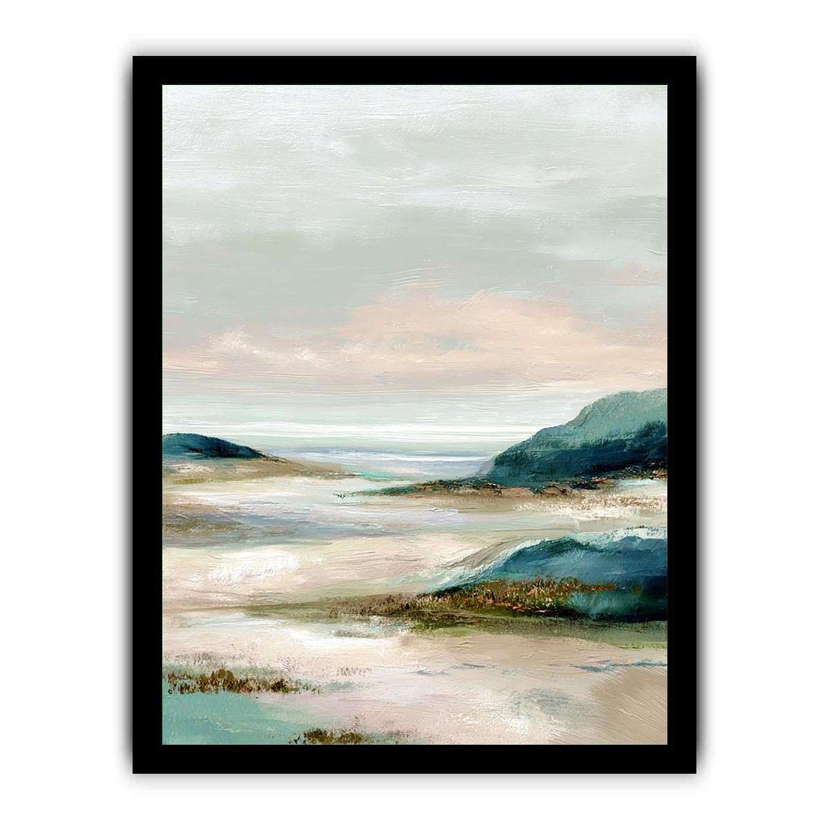 Soft abstract coastal landscape canvas art for serene bedroom decor.