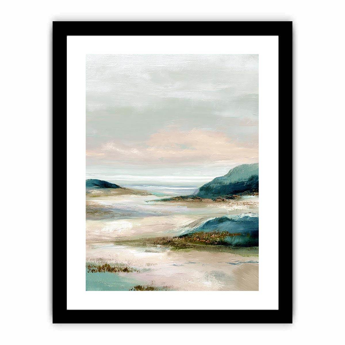 Soft abstract coastal landscape canvas art for serene bedroom decor.