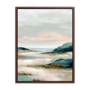 Soft abstract coastal landscape canvas art for serene bedroom decor.