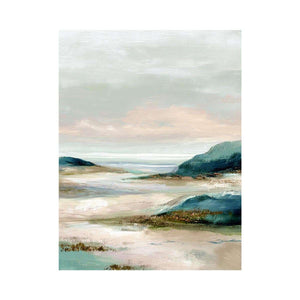 Soft abstract coastal landscape canvas art for serene bedroom decor.