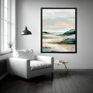 Soft abstract coastal landscape canvas art for serene bedroom decor.