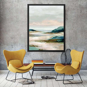 Soft abstract coastal landscape canvas art for serene bedroom decor.
