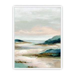 Soft abstract coastal landscape canvas art for serene bedroom decor.