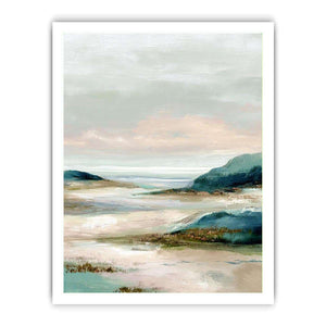 Soft abstract coastal landscape canvas art for serene bedroom decor.