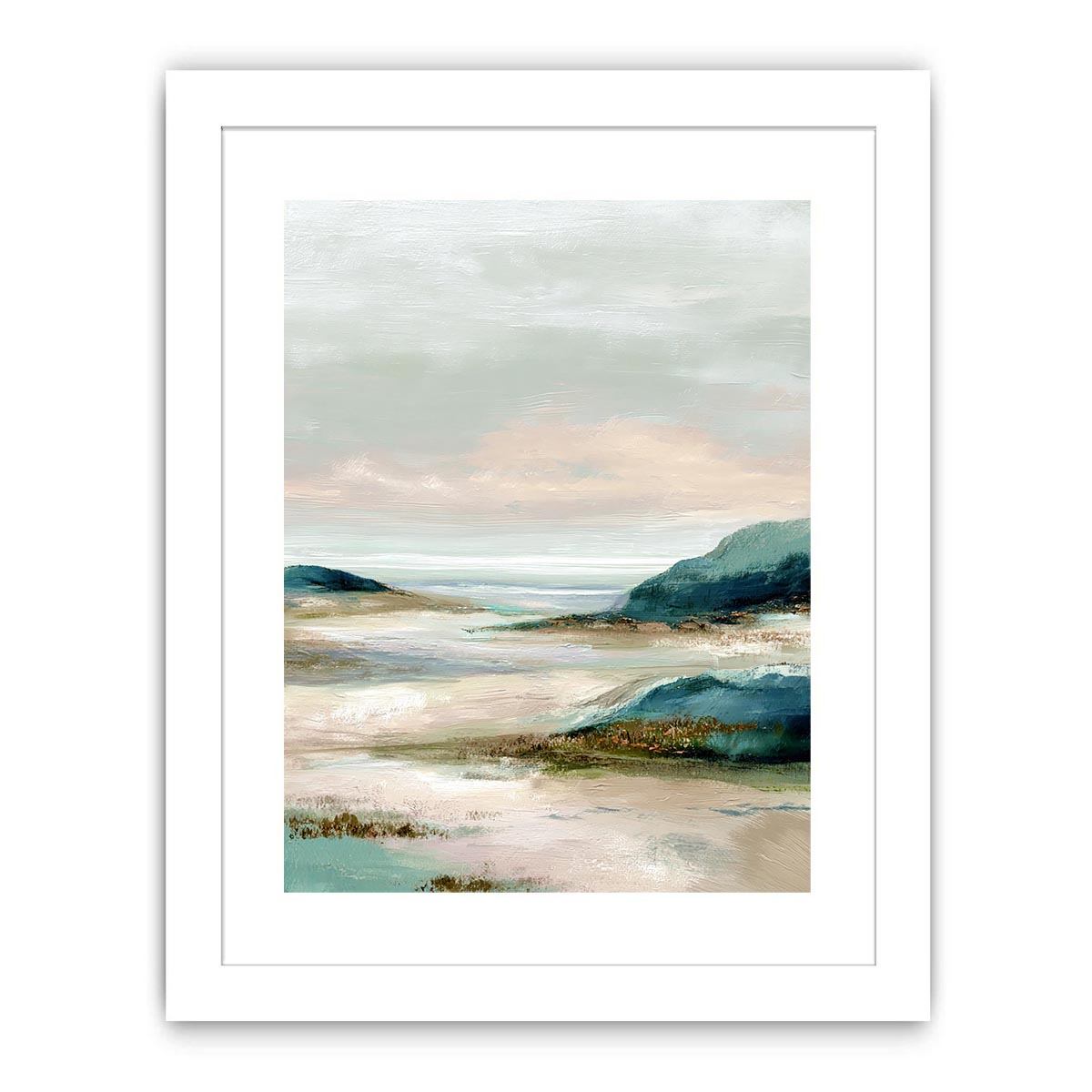 Soft abstract coastal landscape canvas art for serene bedroom decor.