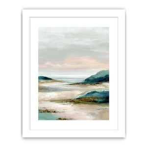 Soft abstract coastal landscape canvas art for serene bedroom decor.