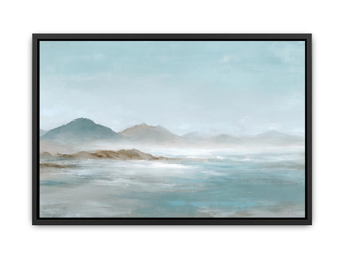 Soft blue mountain landscape canvas art for calm modern living room decor.