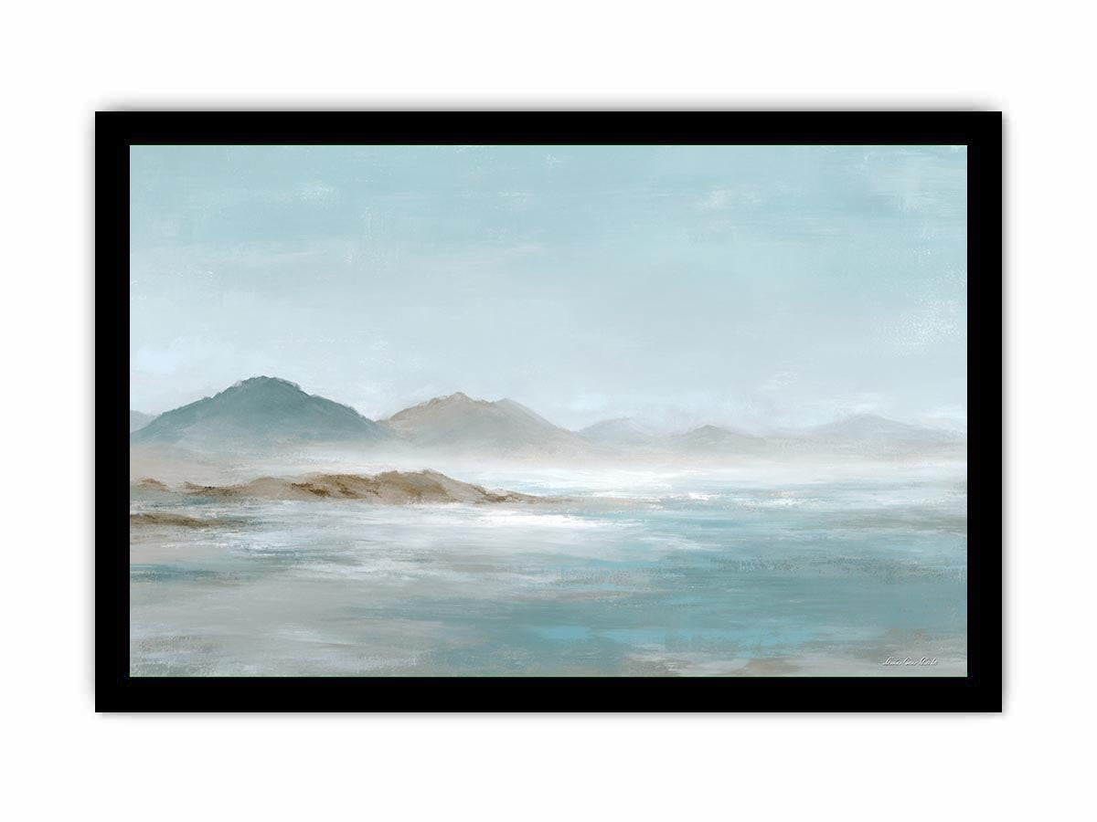 Soft blue mountain landscape canvas art for calm modern living room decor.