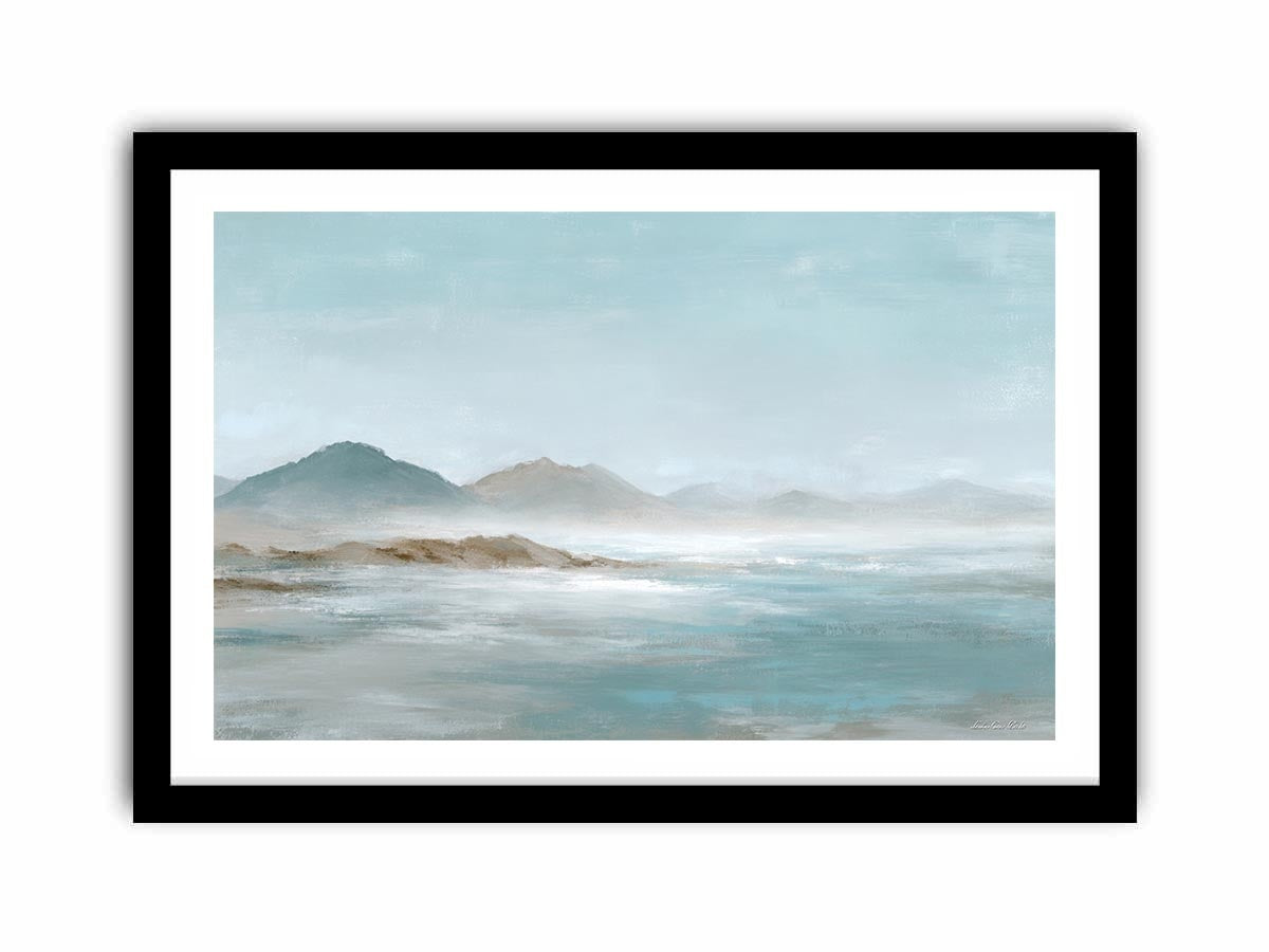 Soft blue mountain landscape canvas art for calm modern living room decor.