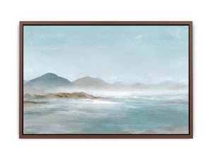 Soft blue mountain landscape canvas art for calm modern living room decor.