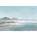 Soft blue mountain landscape canvas art for calm modern living room decor.